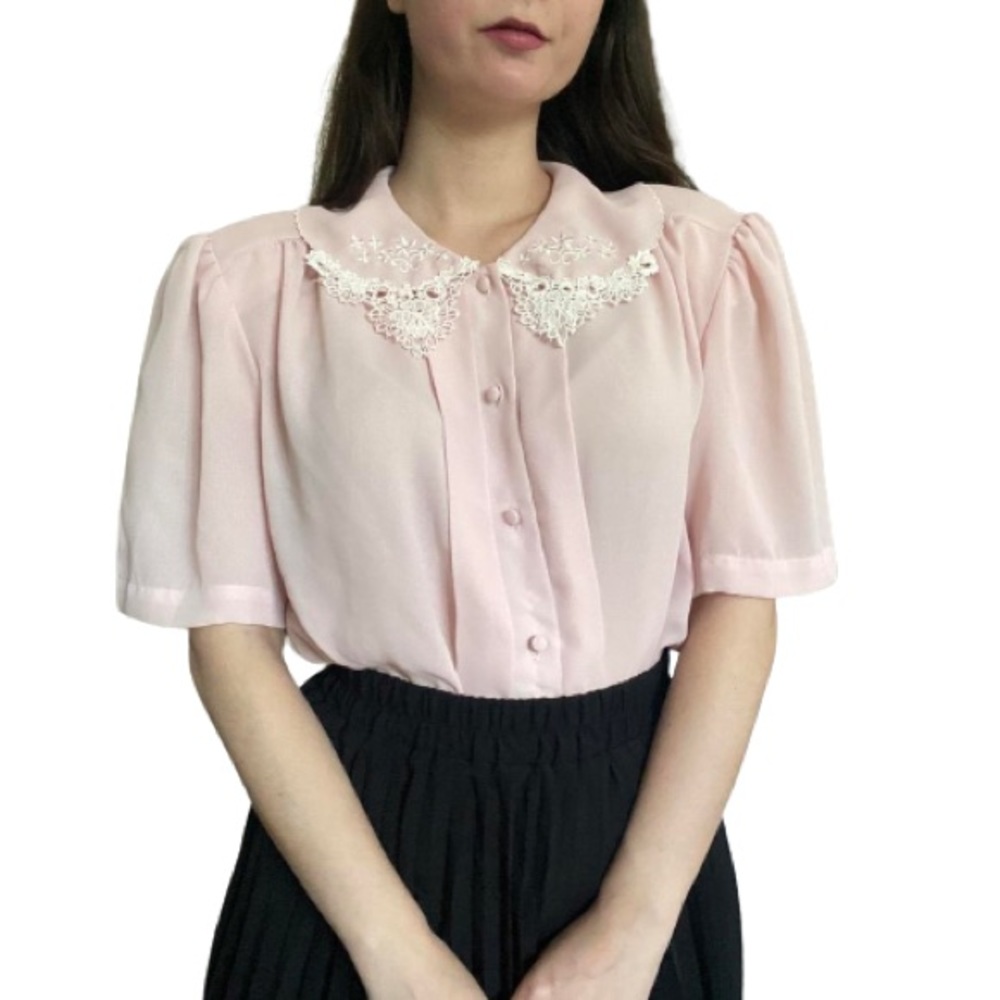 True Vintage Delicate Pink Pleated Button-Down Blouse w/ Lace Collar